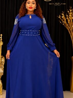 Elegant Royal Blue Long Sleeve Maxi Dress with Beaded Waist